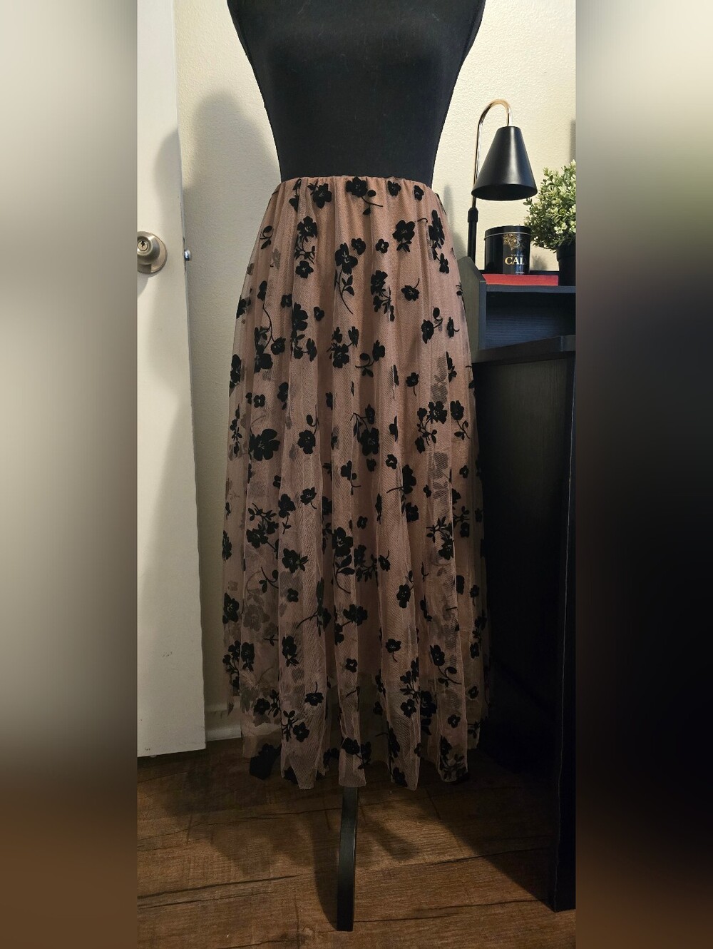 Floral Mesh Maxi Skirt in Blush with Black Appliqué